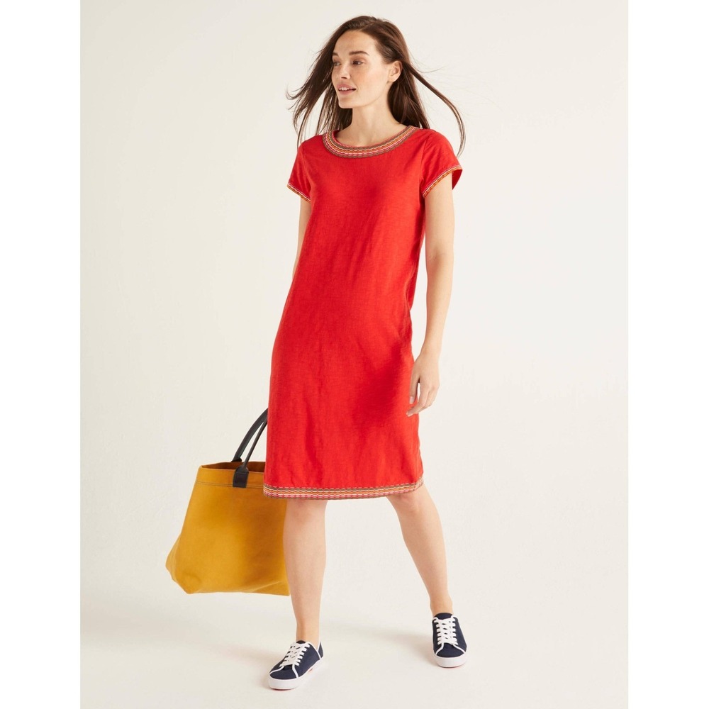 Boden Sena Embroidered Jersey‎ Dress, Red, 100% Cotton, Size 4R